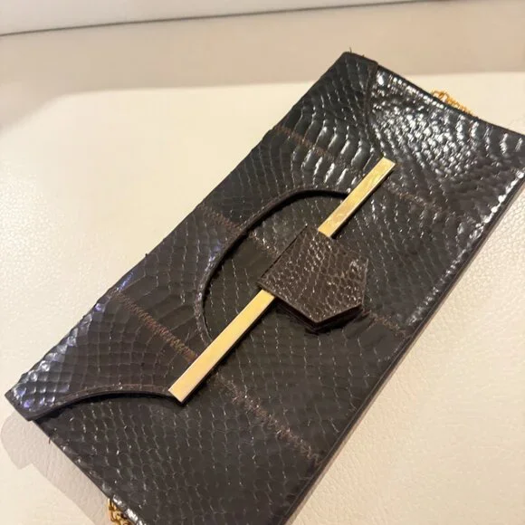 STUNNING VINTAGE GENUINE SNAKESKIN EXOTIC LEATHER CLUTCH / SHOULDER BAG BROWN - Picture 3 of 9